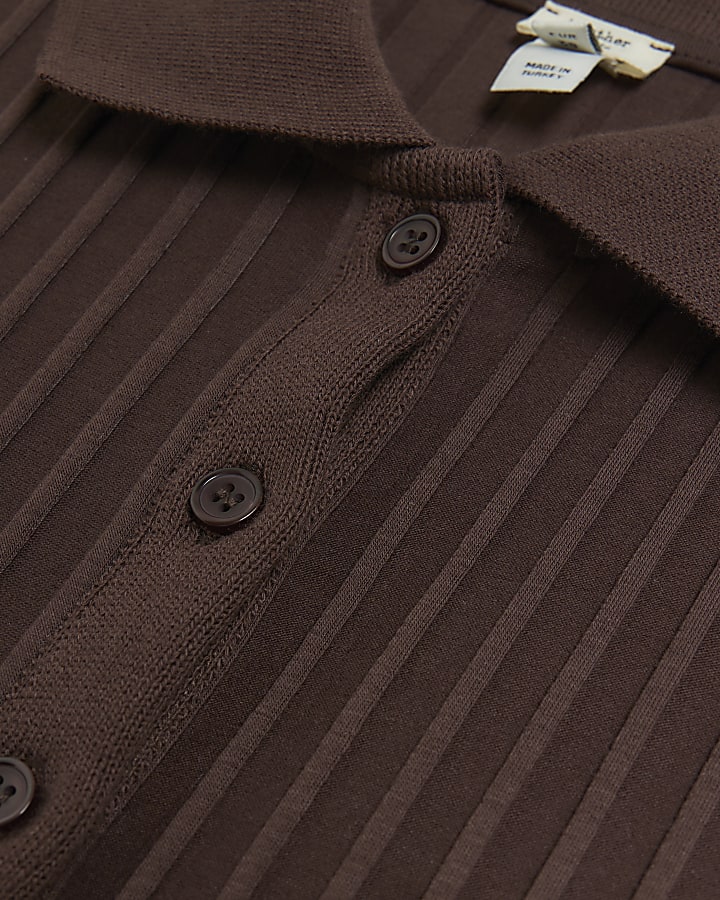 Brown ribbed button up polo top