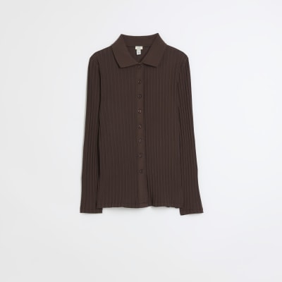Brown ribbed button up polo top