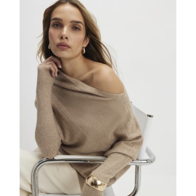 Brown Ribbed Off The Shoulder Jumper