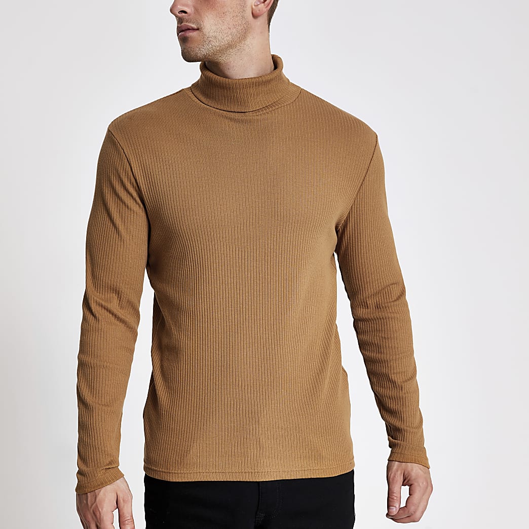 Brown ribbed roll neck long sleeve T-shirt | River Island