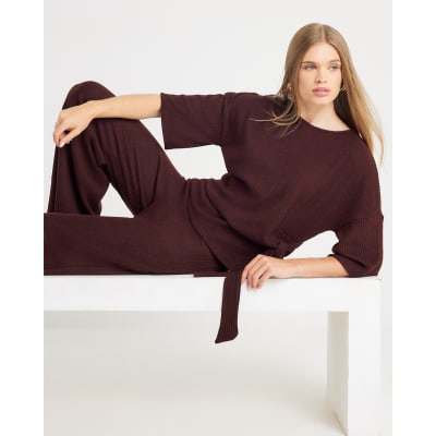 Brown Ribbed Side Knot Top