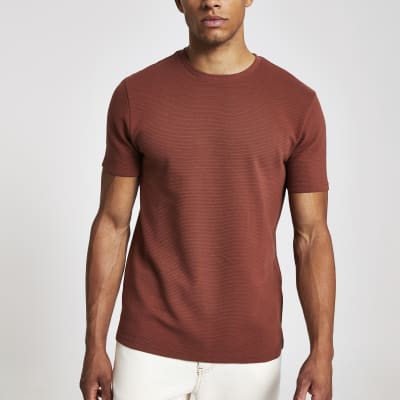Brown ribbed slim fit Tshirt River Island