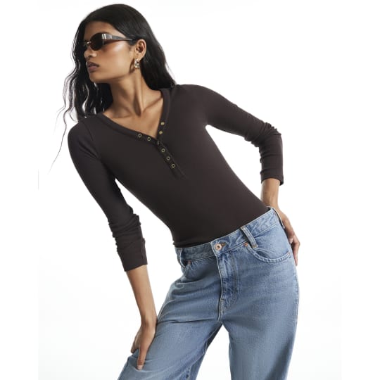 River Island Brown Ribbed V Neck Henley Top