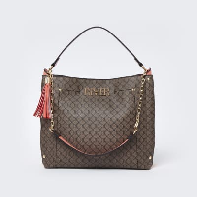 Brown 'River' monogram slouch bag | River Island