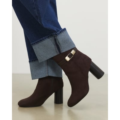 Brown Round Heeled Buckle Strap Boots