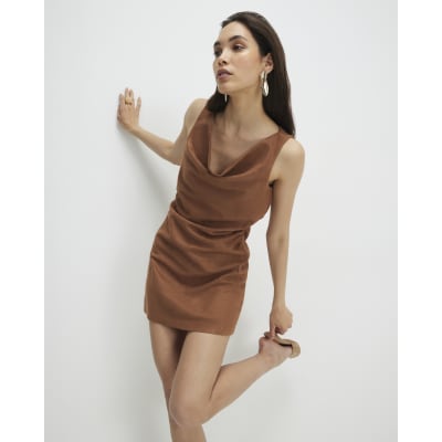 Brown Ruched Faux Suede Mini Dress