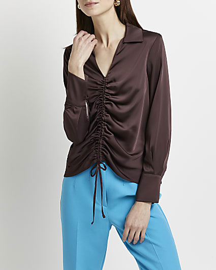 Brown ruched satin blouse