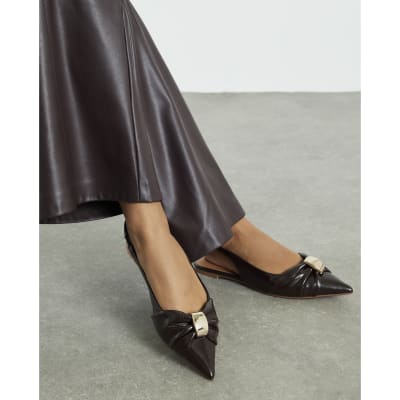 Brown Ruched Slingback Pointed Toe Shoes