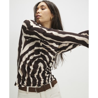 Brown Ruched Wavy Print Mesh Top