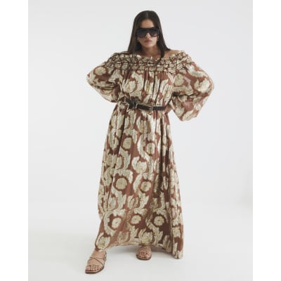 Brown Ruffled Gold Detail Bardot Maxi Dress | River Island
