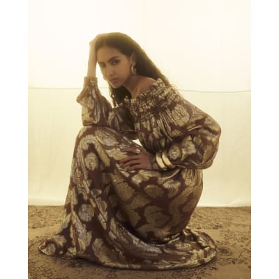 Brown Ruffled Gold Detail Bardot Maxi Dress