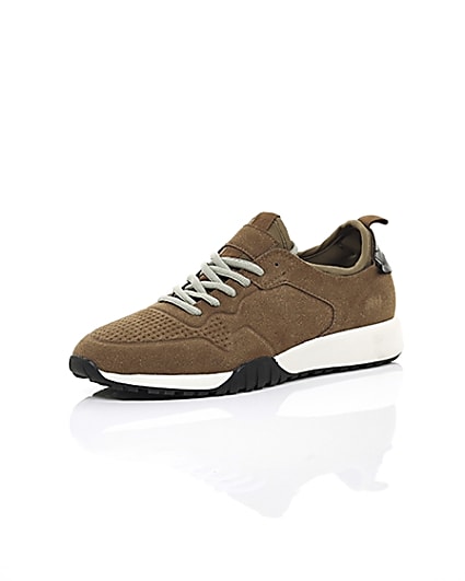 360 degree animation of product Brown runner trainers frame-0