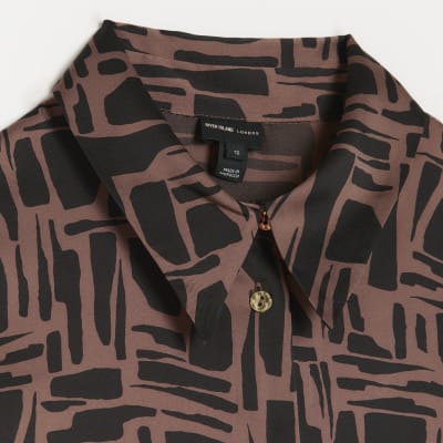 Brown satin abstract print shirt | River Island