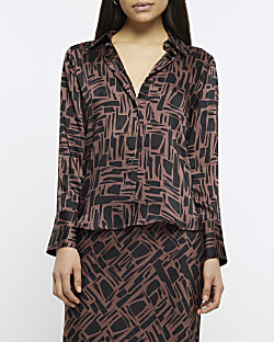 Brown satin abstract print shirt