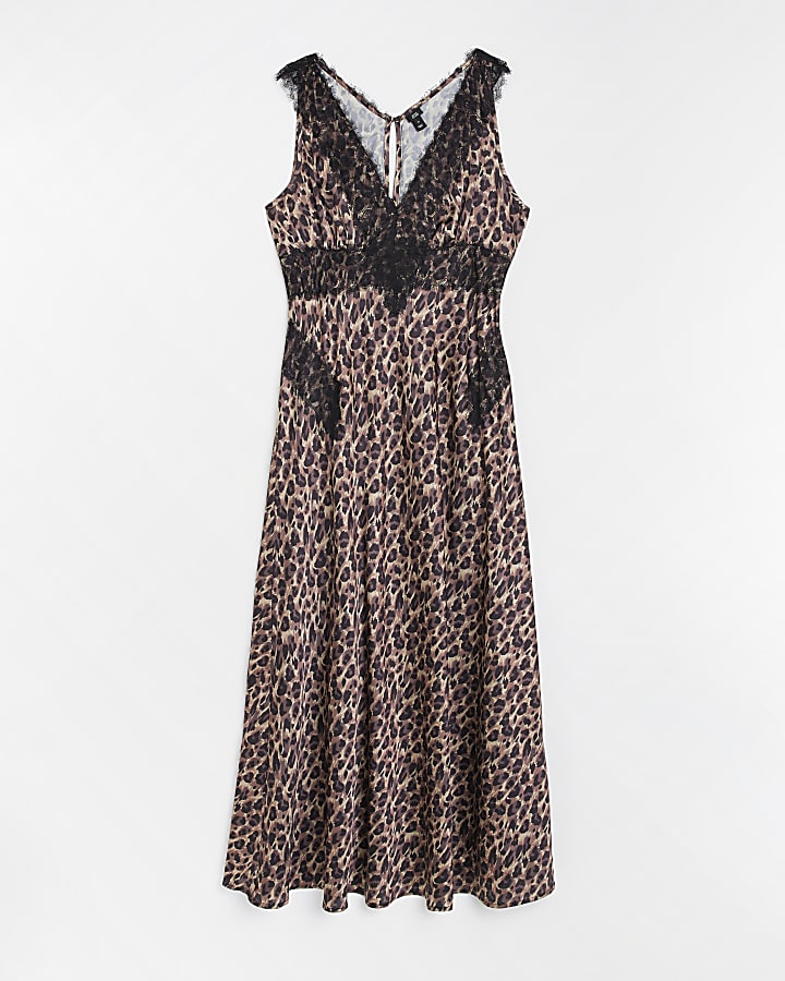 Brown satin animal print maxi smock dress