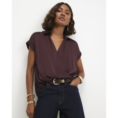 Satin Collared Wrap Blouse