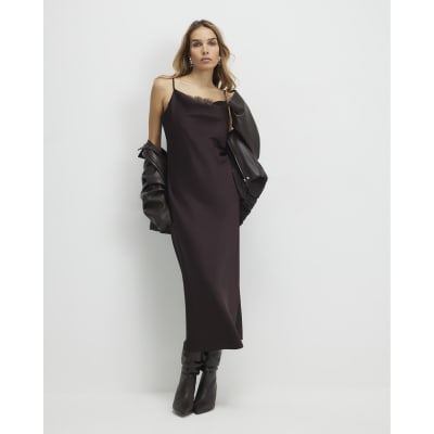 Brown Satin Cowl Neck Lace Trim Midi Dress | River Island