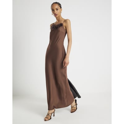 Petite Brown Satin Feather Trim Maxi Dress | River Island