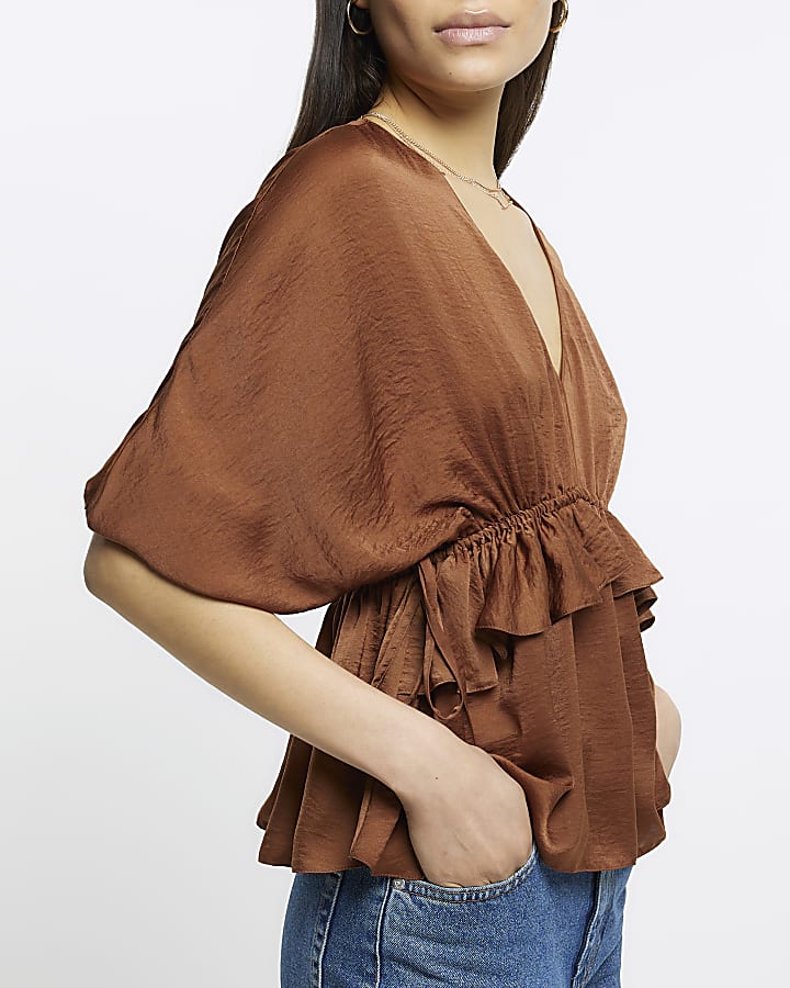 Brown satin frill detail blouse