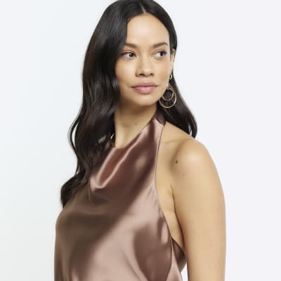 Brown Satin Halter Neck Top River Island 7992