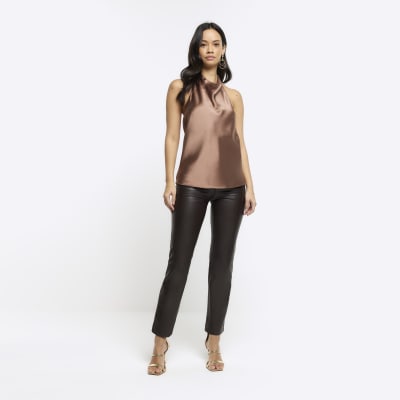 Brown Satin Halter Neck Top River Island 7561