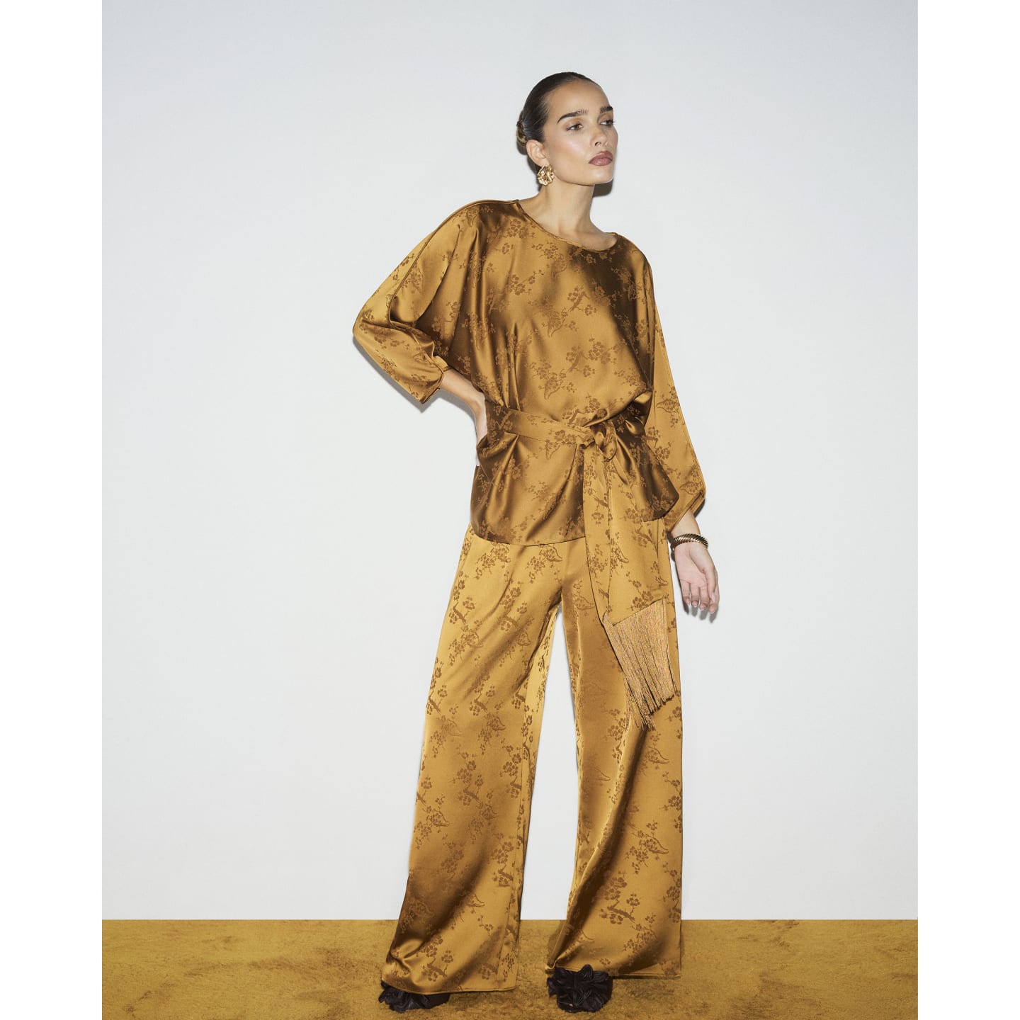 River Island Brown Satin Jacquard Wide Leg Trousers — photo 1 of 1