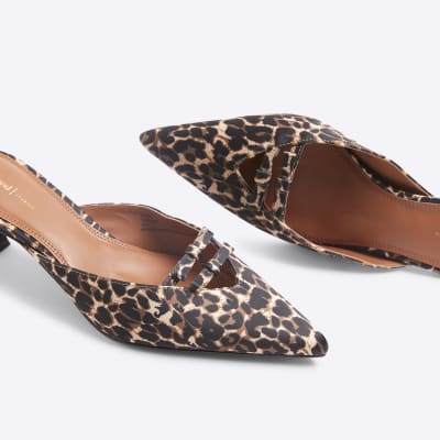 Brown Satin Leopard Bow Kitten Heel Mules River Island