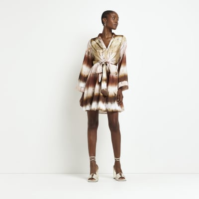 Brown satin long sleeve mini swing dress River Island