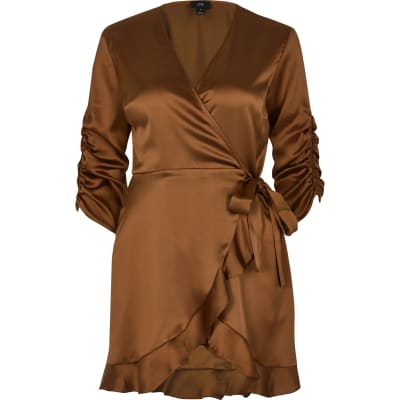 river island wrap long sleeve satin dress