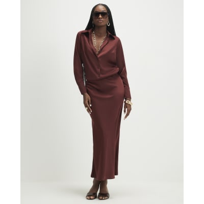 Brown Satin Maxi Skirt