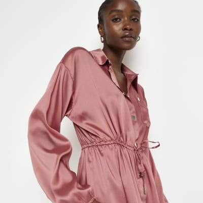 Brown satin mini shirt dress River Island