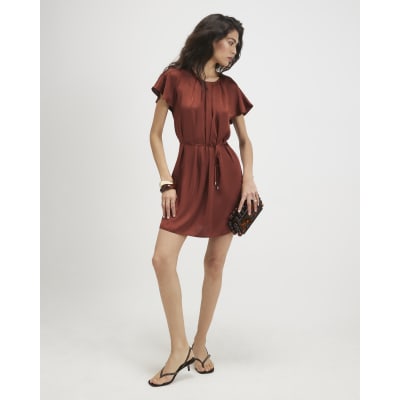 Brown Satin Pleat Neck Mini Dress