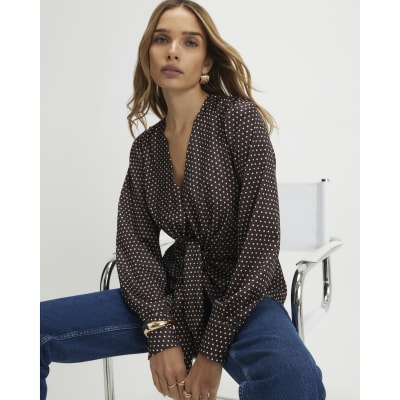 Brown Satin Spot Print Knot Front Top