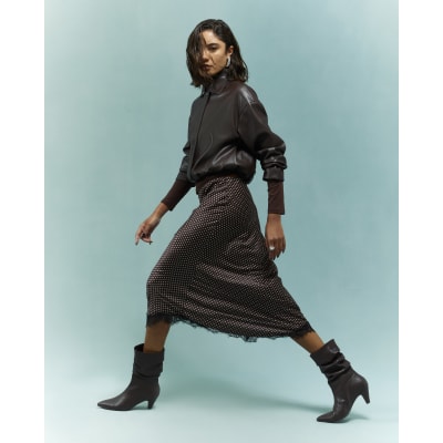 Brown Satin Spot Print Lace Trim Midi Skirt