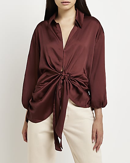 Brown satin tie front long sleeve blouse
