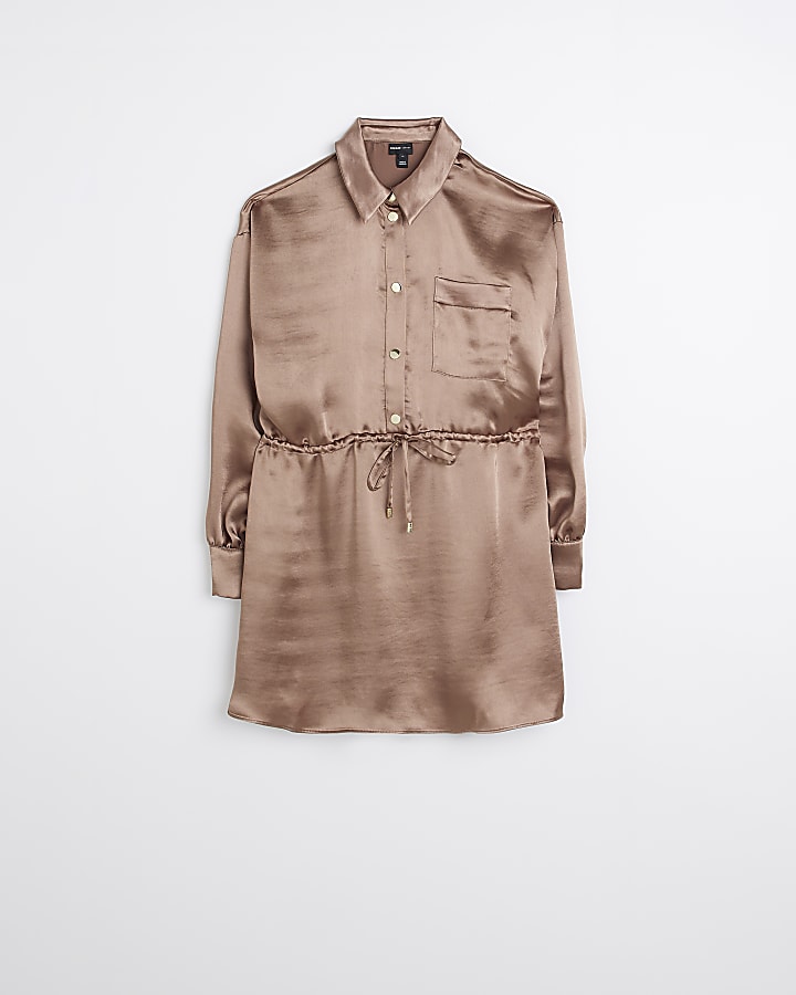 Brown satin utility mini shirt dress
