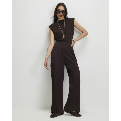 Brown Satin Wide Leg Cargo Trousers