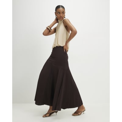 Brown Seamed Maxi Skirt