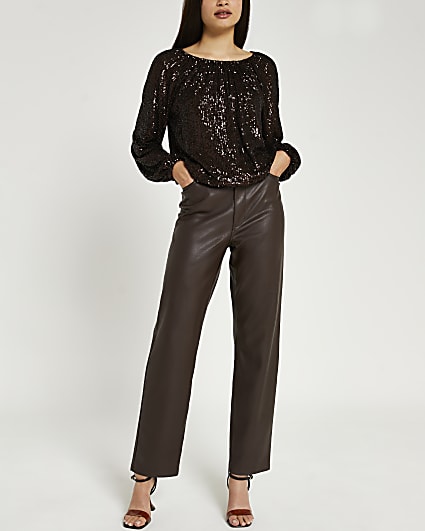 Brown sequin gathered blouse