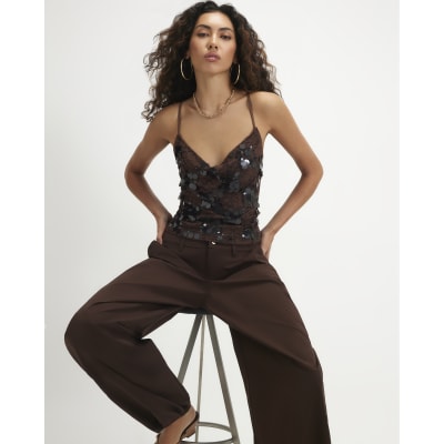 Sequin Lace Cowl Front Cami Top