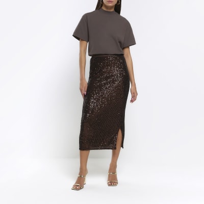 Brown sequin midi skirt | River Island