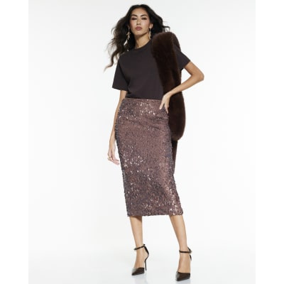 Brown Sequin Midi Skirt