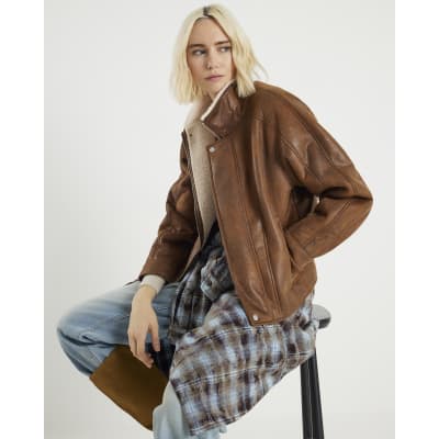 Brown Shearling Trim Biker Jacket