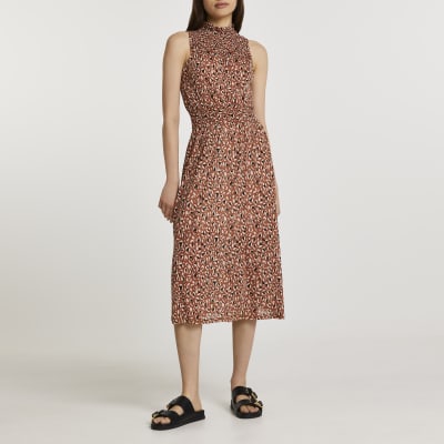 Brown shirred waist animal print midi dress