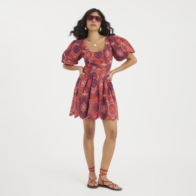 Brown Short Puff Sleeve Cutwork Mini Dress