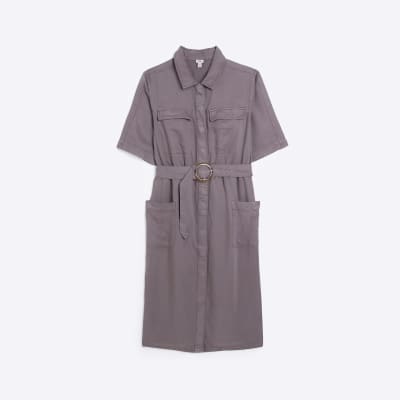 Brown short sleeve belted midi shirt dress