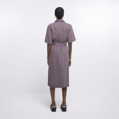 Brown short sleeve belted midi shirt dress