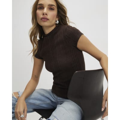 Brown Short Sleeve Cosy Cap Sleeve Top