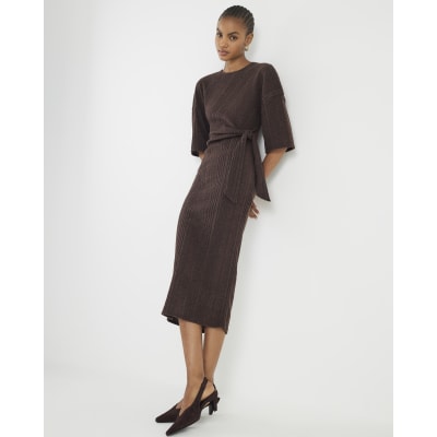 Brown Short Sleeve Cosy Ribbed Midi Dress