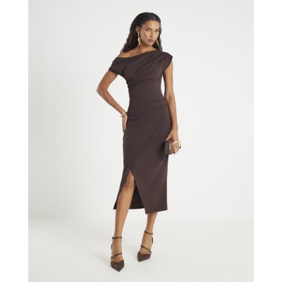 midi brown cocktail dress Estella Keyhole Ribbed Midi Dress Brown main image 1